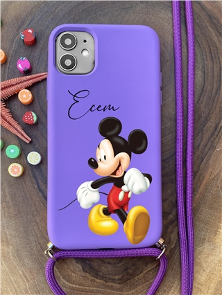 Apple iPhone 11 Kılıf İsimli Mickey Mouse Desenli Silikon Askılı Lansman