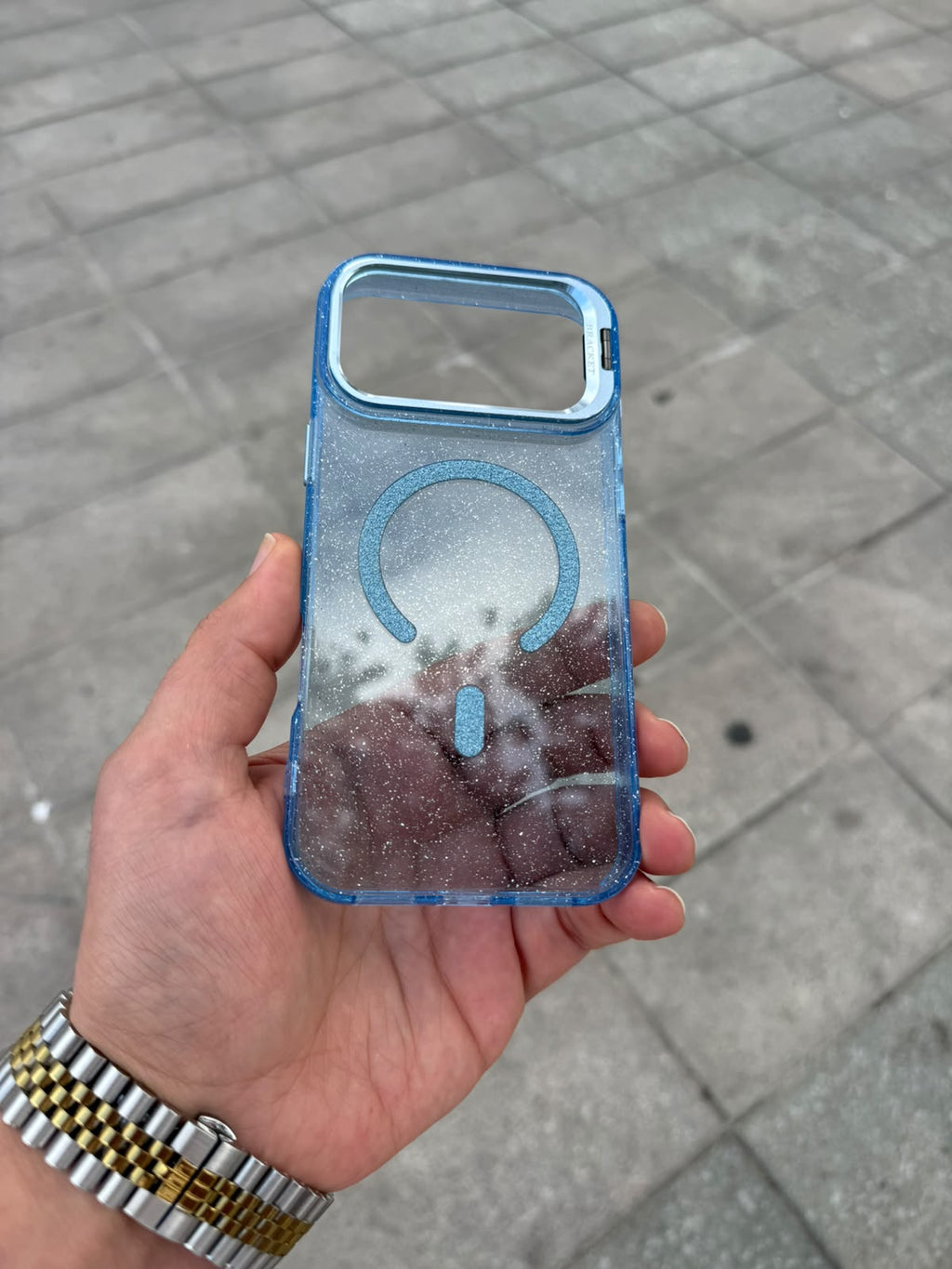 Glitter Clear Simli Standlı Silikon Magsafe Özellikli Kılıf - Mavi — Mavi — 2