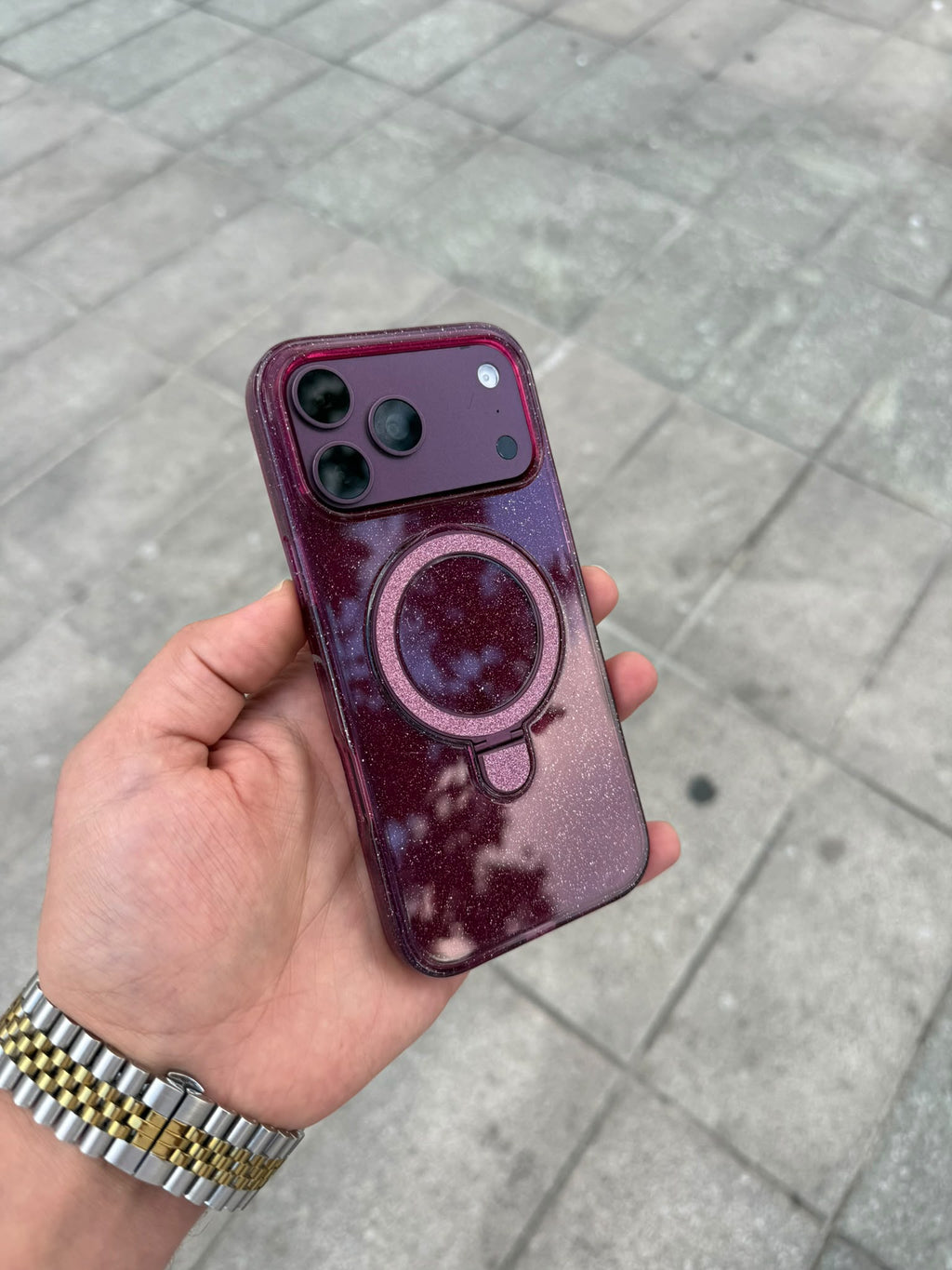 Luna Ring Simli Standlı MagSafe Özellikli Silikon Kılıf - Bordo — Bordo — 2