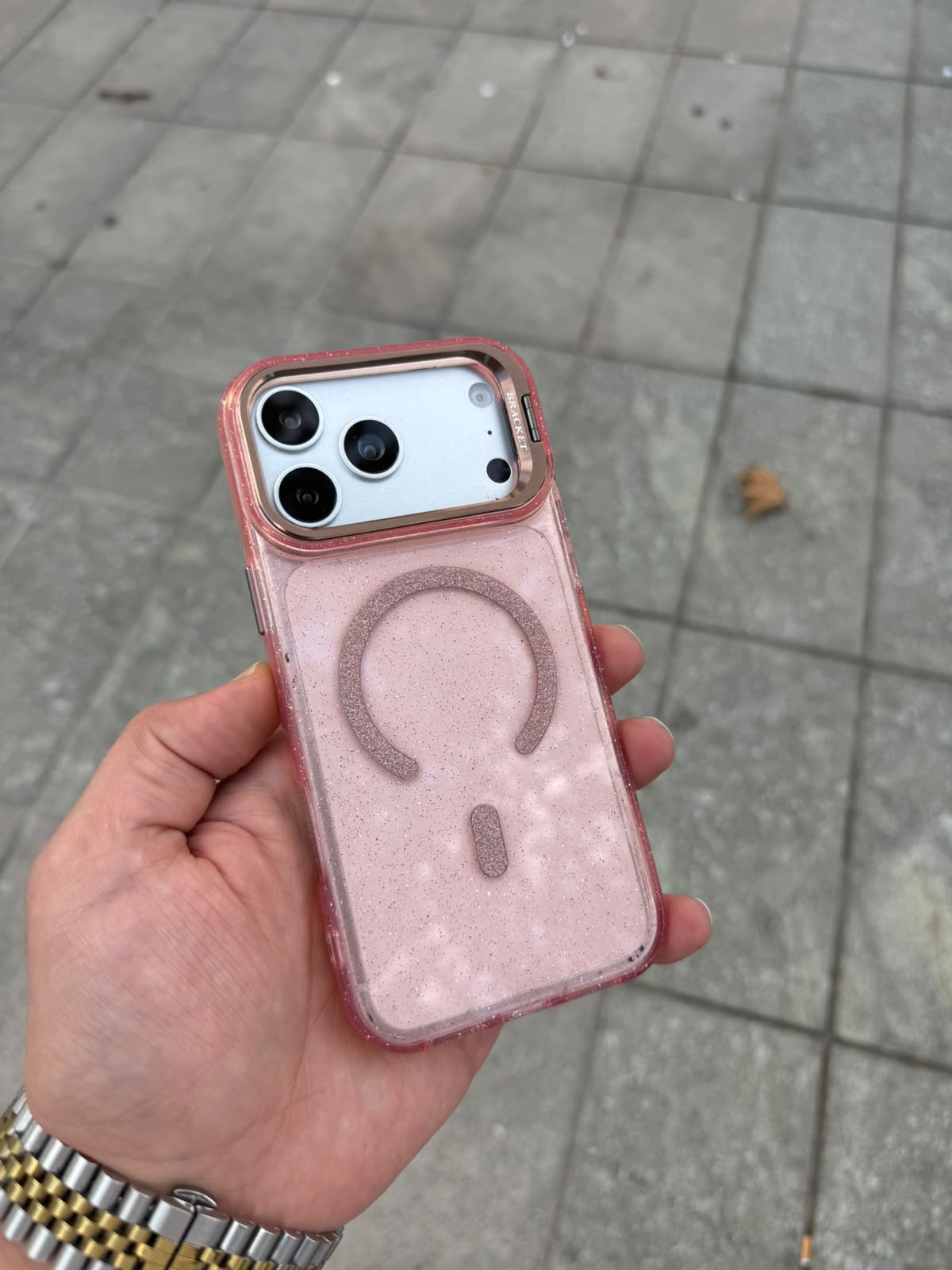 Glitter Clear Simli Standlı Silikon Magsafe Özellikli Kılıf - Açık Pembe — Açık Pembe — 1