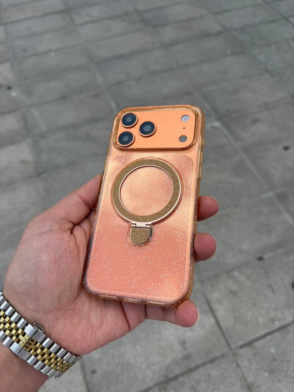 Luna Ring Simli Standlı MagSafe Özellikli Silikon Kılıf - Turuncu — Turuncu — 1