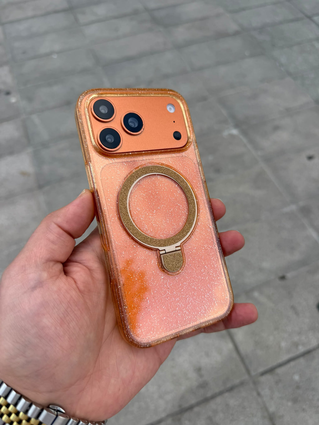 Luna Ring Simli Standlı MagSafe Özellikli Silikon Kılıf - Turuncu — Turuncu — 2