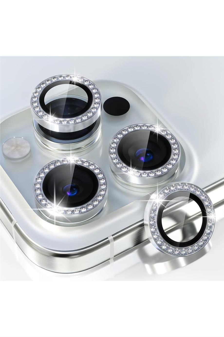 Apple Serisi Elmas Taşlı Kamera Lens Koruyucu - Gümüş