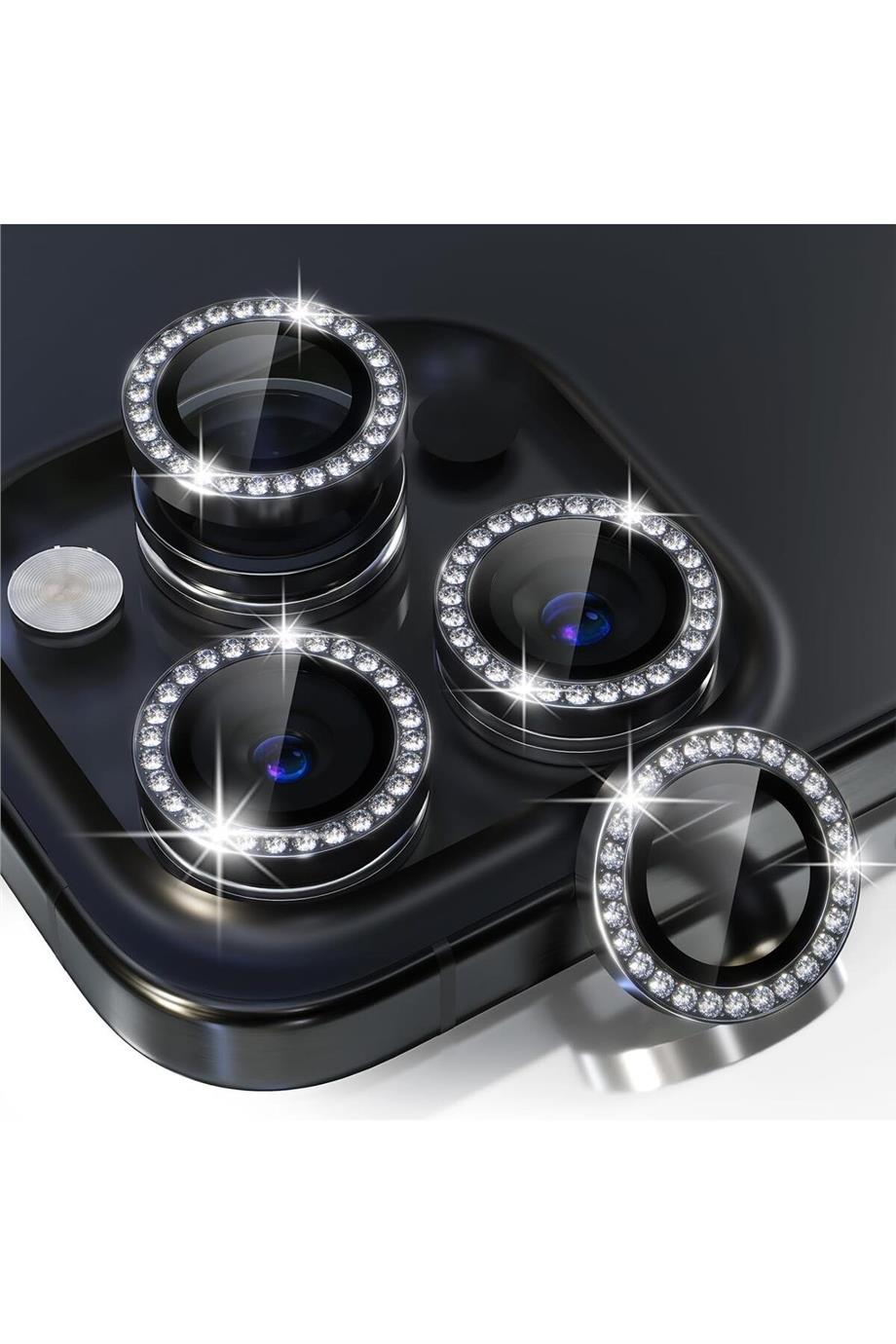 Apple Serisi Elmas Taşlı Kamera Lens Koruyucu - Siyah