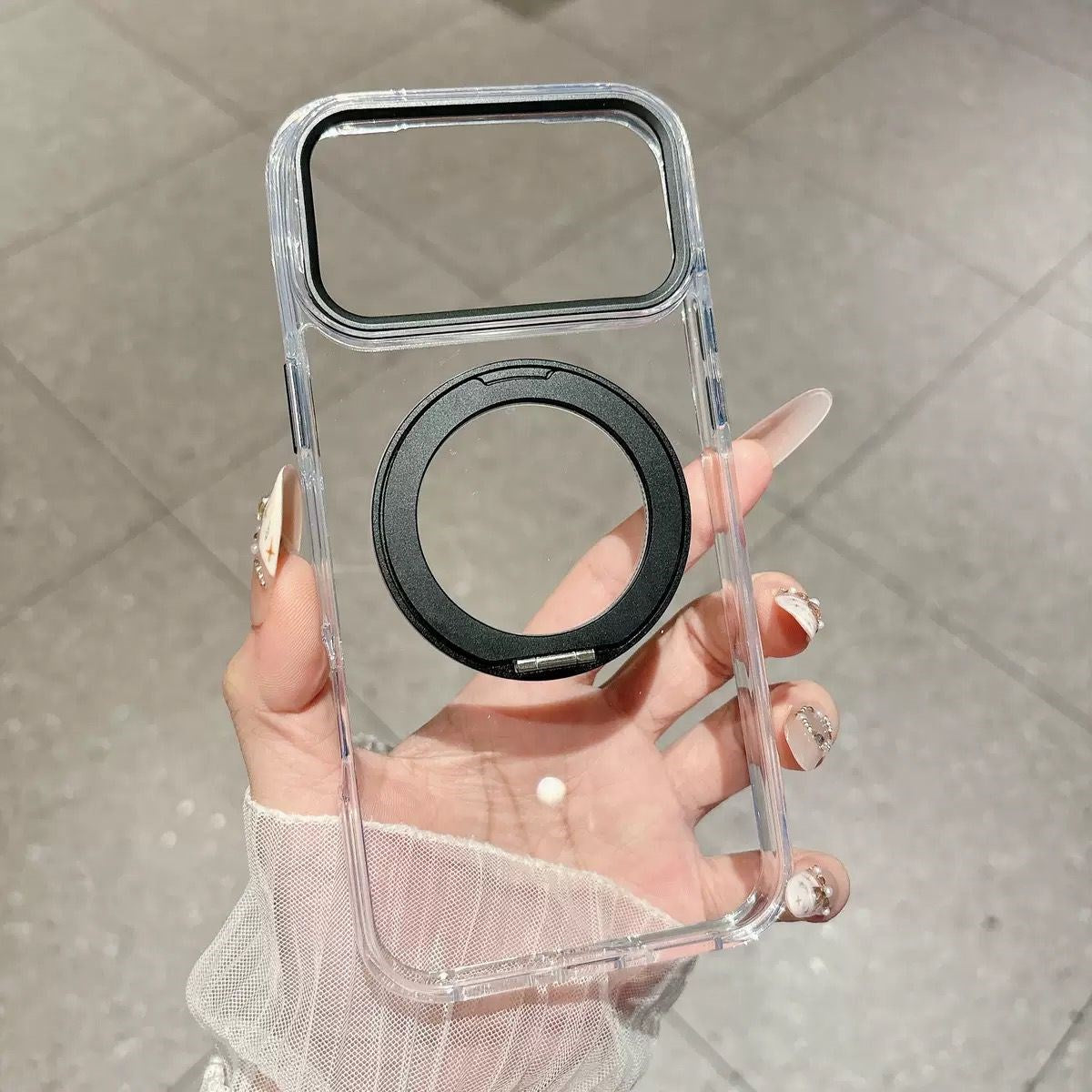 Armor Standlı Premium Sararmaz Şeffaf iPhone Kılıfı - Siyah
