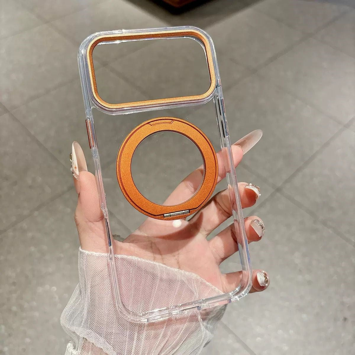 Armor Standlı Premium Sararmaz Şeffaf iPhone Kılıfı - Turuncu