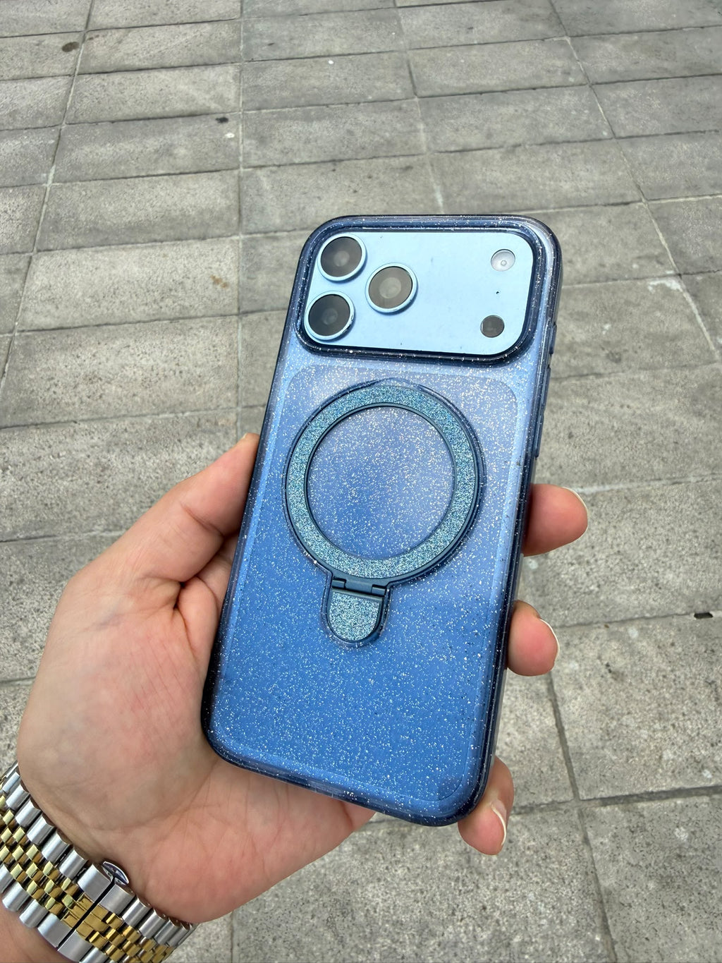 Luna Ring Simli Standlı MagSafe Özellikli Silikon Kılıf - Mavi — Mavi — 2