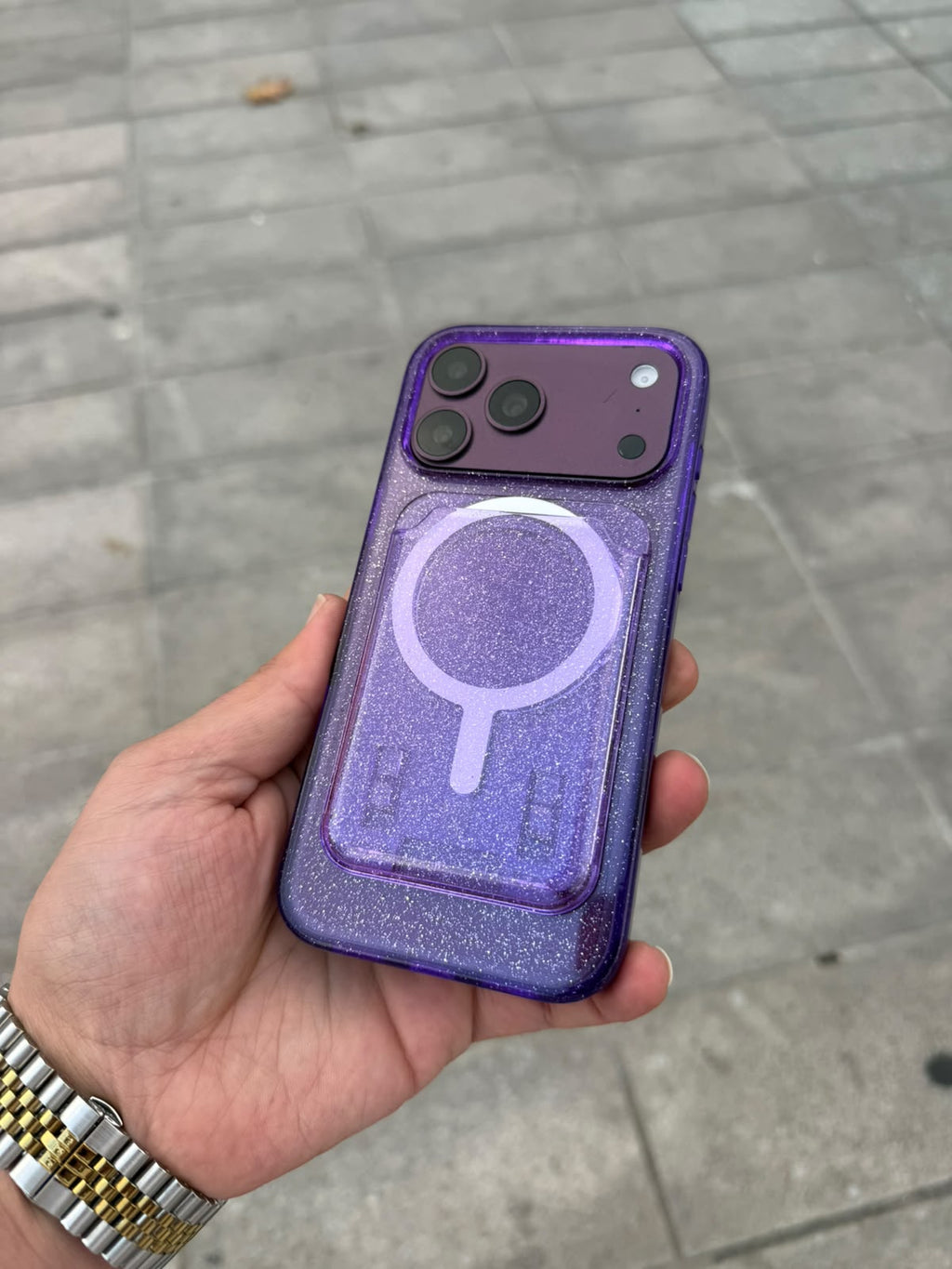Glitter Card Simli Kartlıklı MagSafe Özellikli Silikon Kılıf - Mor — Mor — 1