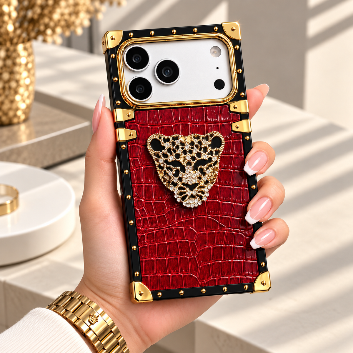 Diva Gold Leopar Tasarım Luxury Kılıf - Bordo