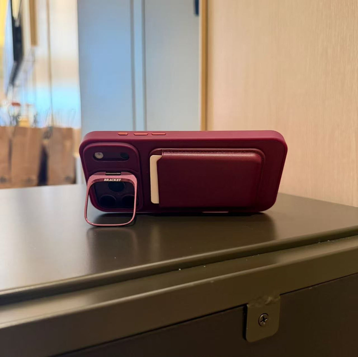 D-Ming M-Safe Kartlıklı Standlı Deri Premium Kılıf — Bordo — 12
