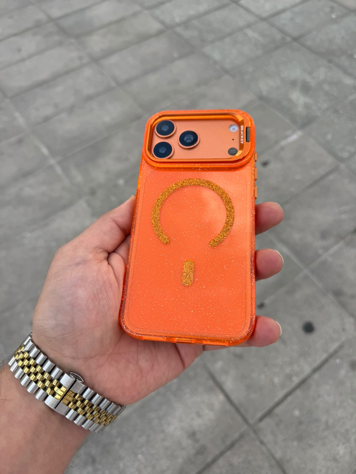 Glitter Clear Simli Standlı Silikon Magsafe Özellikli Kılıf - Turuncu — Turuncu — 1
