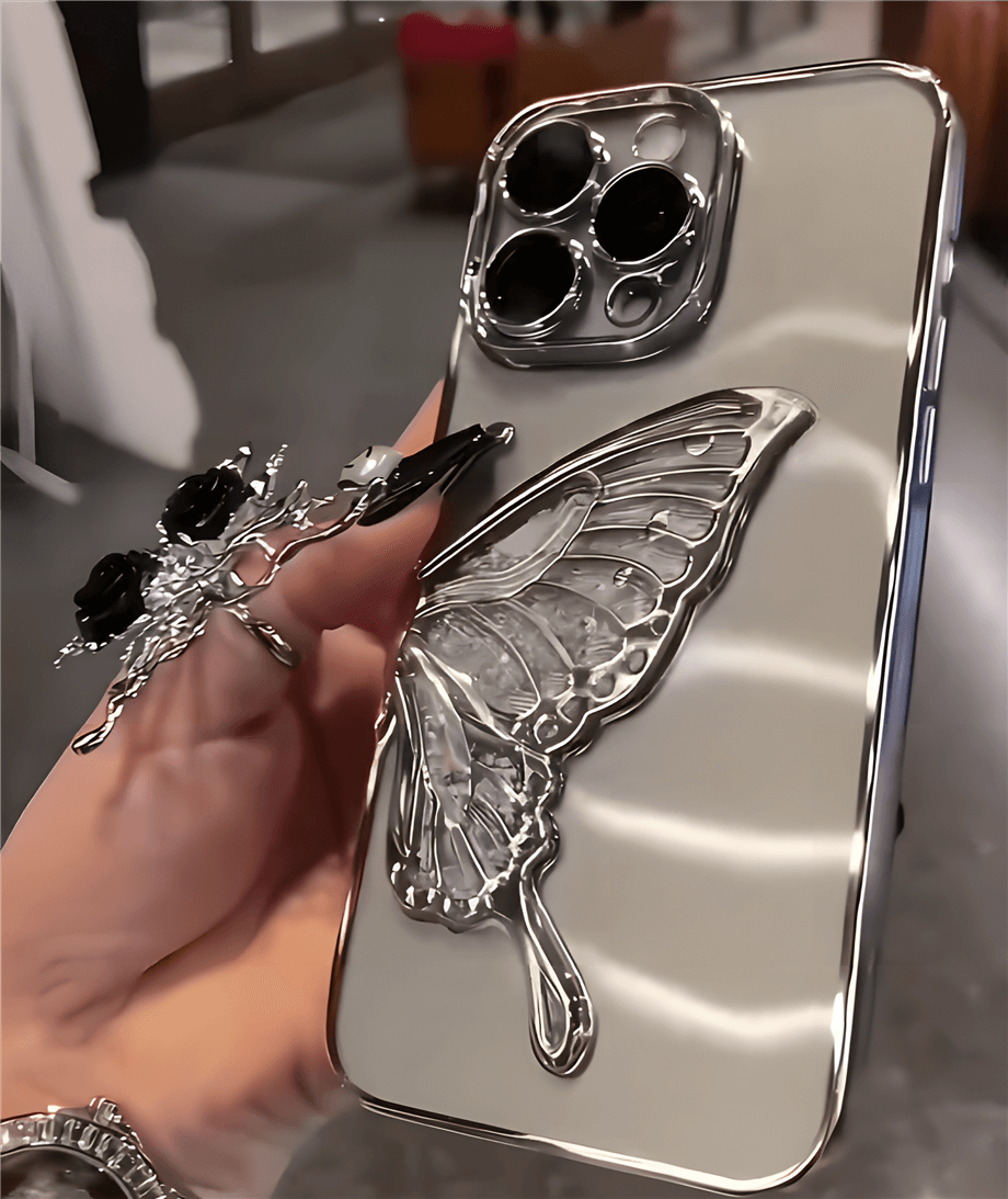 Kelebek Figürlü Sulu ve Simli Kamera ve Lens Korumalı Şeffaf Silikon Telefon Kılıfı - Gümüş