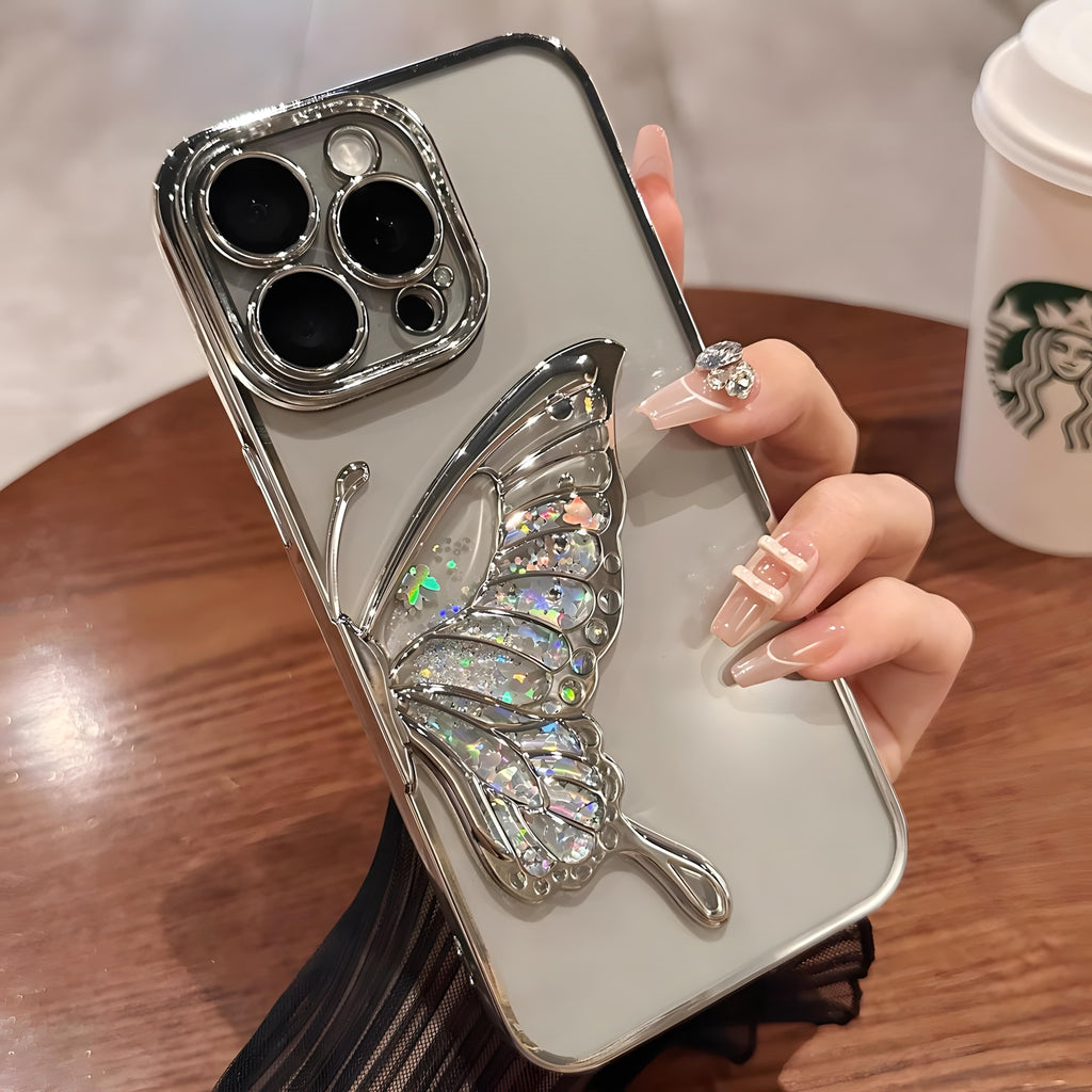 Kelebek Figürlü Sulu ve Simli Kamera ve Lens Korumalı Şeffaf Silikon Telefon Kılıfı - Gümüş