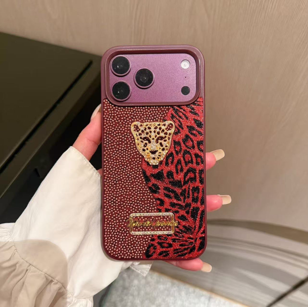 Luxury Leopar İnci Motifli Kılıf - Bordo