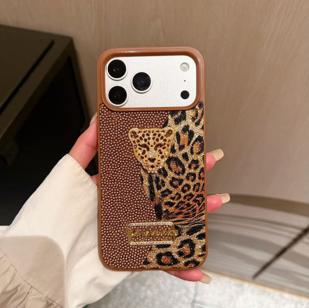 Luxury Leopar İnci Motifli Kılıf - Kahve