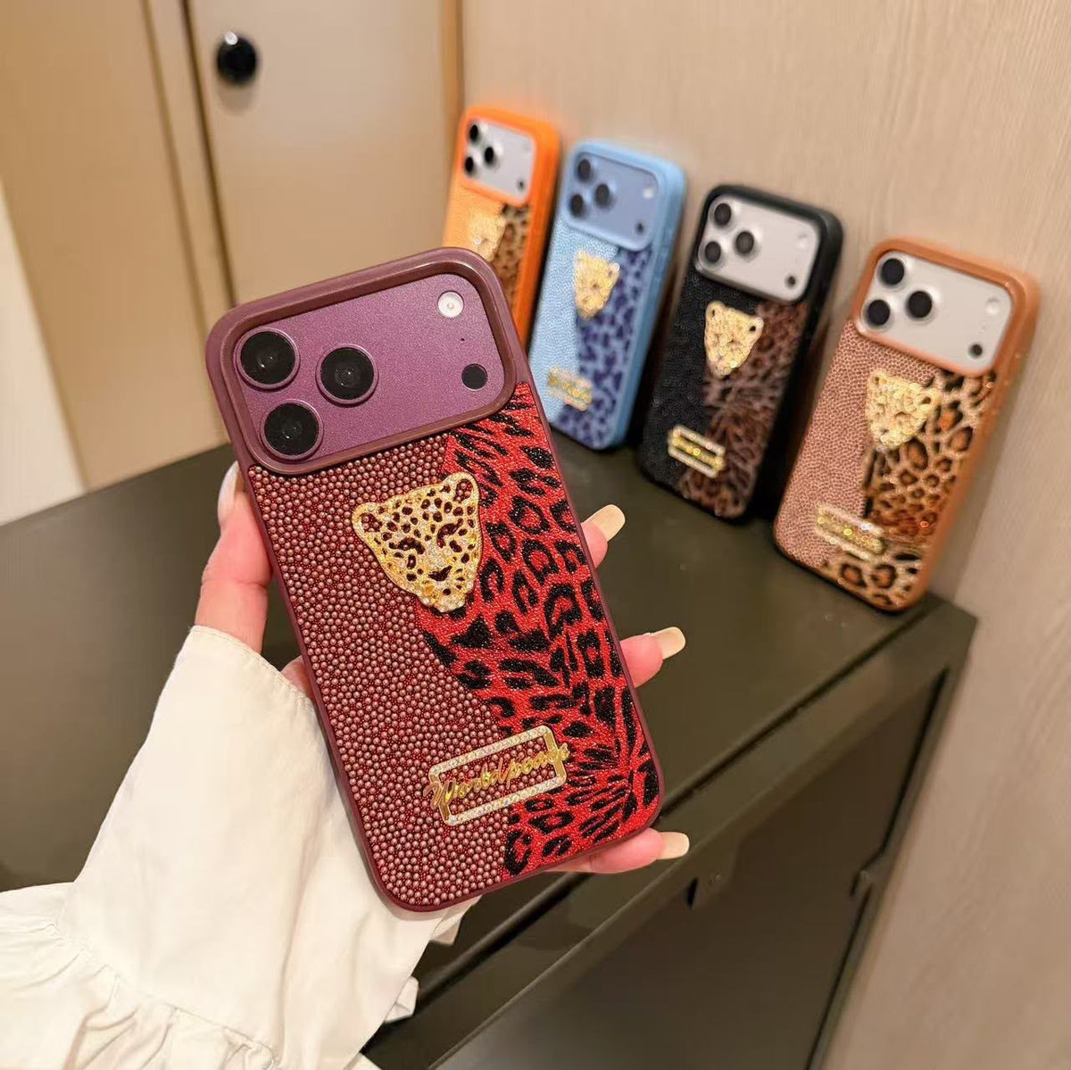 Luxury Leopar İnci Motifli Kılıf - Mavi