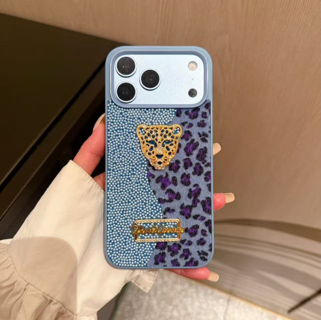 Luxury Leopar İnci Motifli Kılıf - Mavi