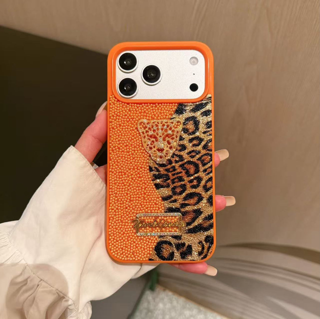 Luxury Leopar İnci Motifli Kılıf - Turuncu
