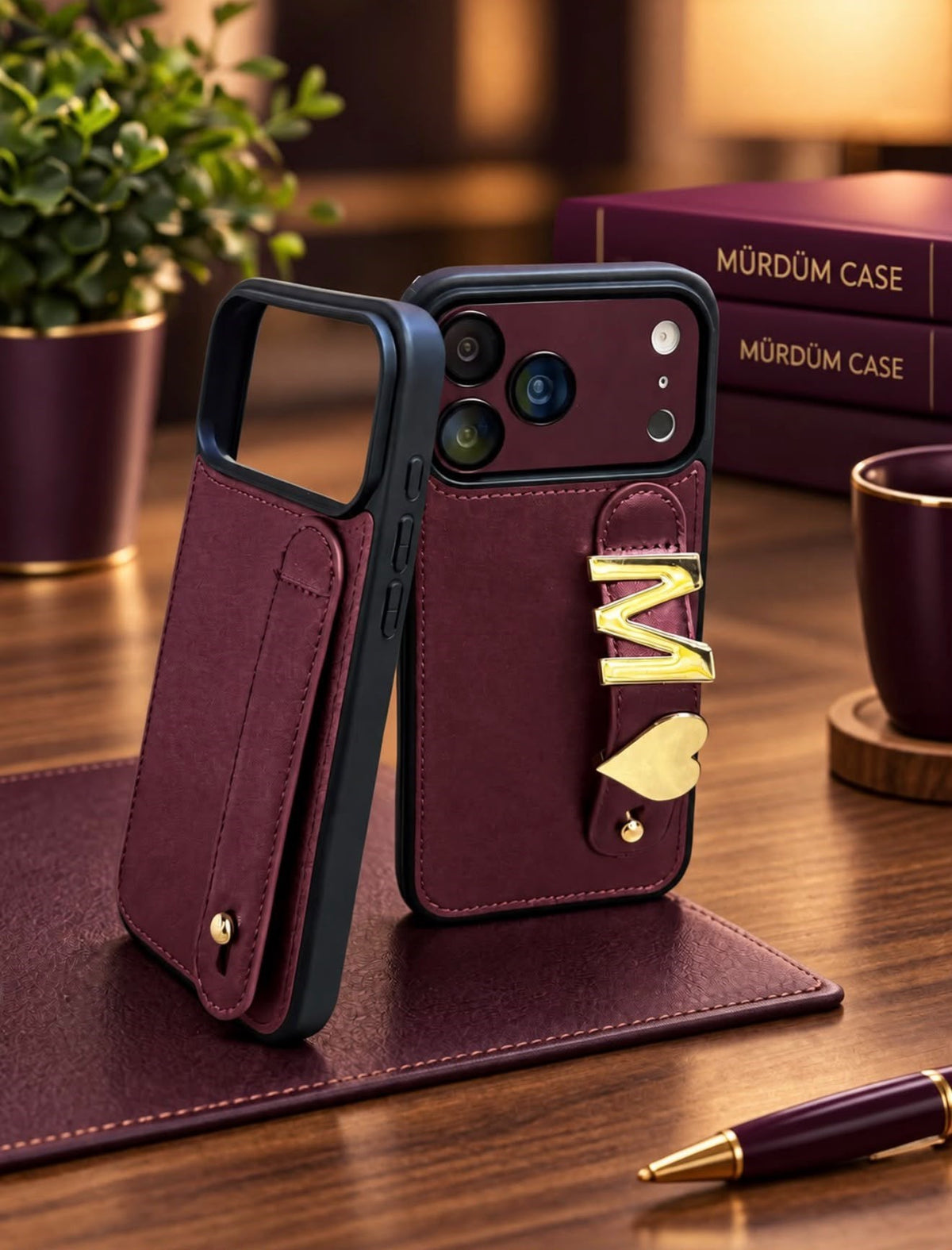 Madamcase Kişiye Özel El Geçmeli Premium Telefon Kılıfı ve 2 adet metal aksesuar (harf veya sembol) - Bordo